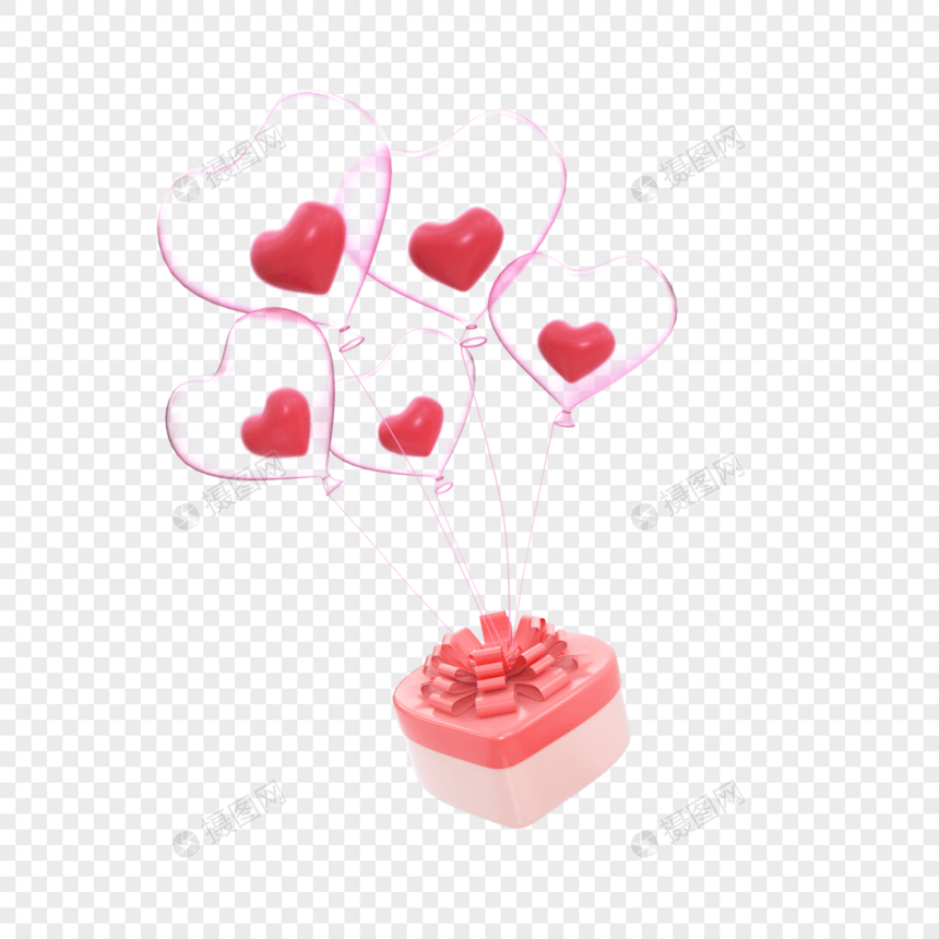 3D立体情人节主题心形礼盒气球元素图片