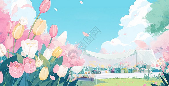 春天盛开的五颜六色的郁金香花朵与帐篷高清图片