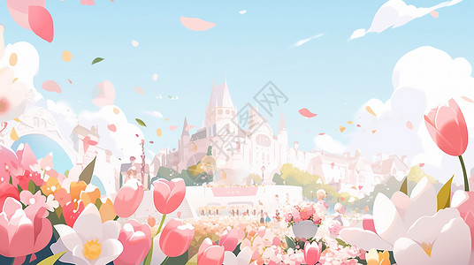 远处白色的城堡外开满了美丽的郁金香花插画