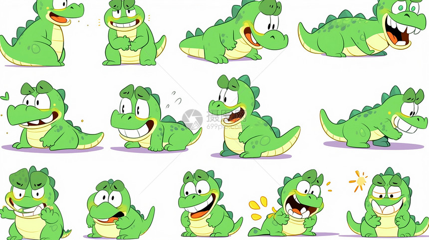 呆萌可爱的绿色卡通小恐龙各种表情图片