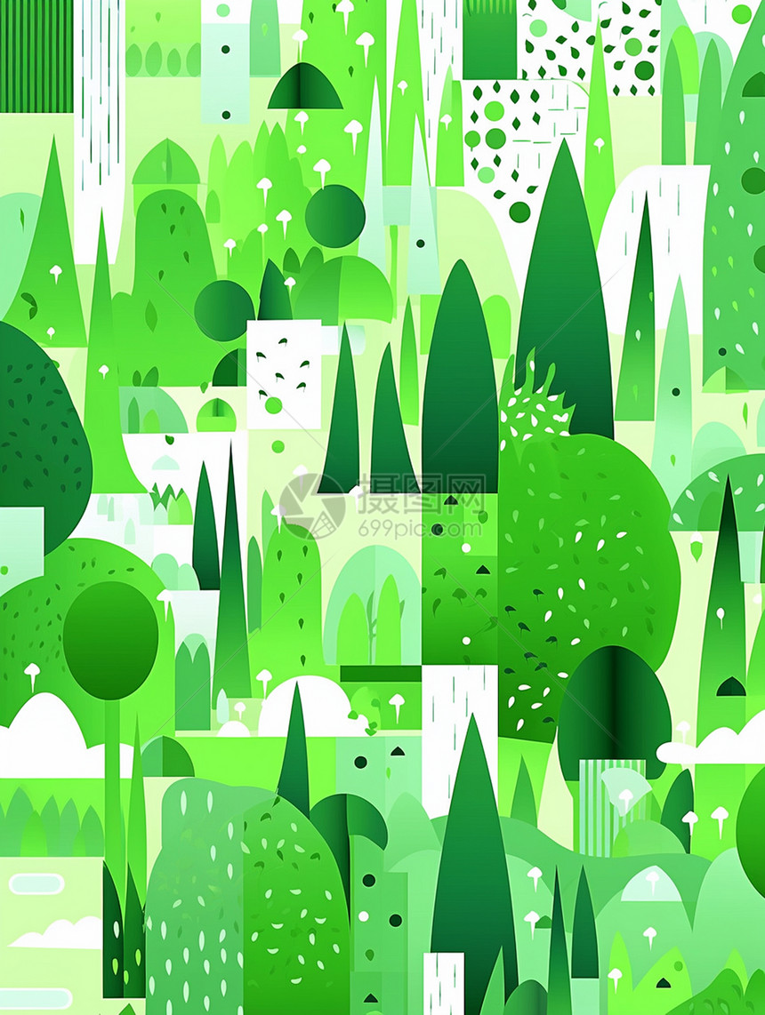 很多绿色抽象树的扁平风插画卡通背景图片