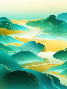 抽象祥云深绿色与黄色穿插的抽象卡通美丽的风景插画