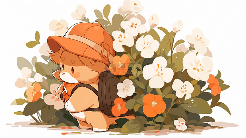 背着书包躲在花丛中的可爱卡通小橘猫图片