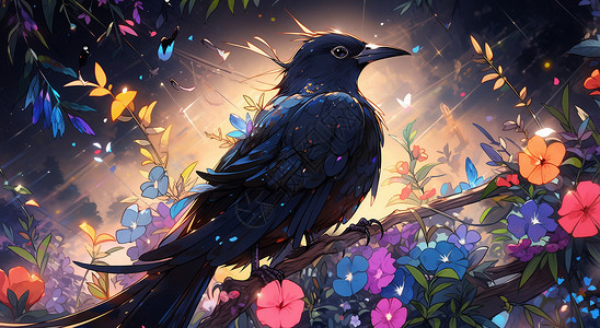 黑色花藤背景站在花藤上一直漂亮的卡通乌鸦插画
