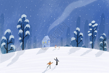夜晚的雪冬天雪景情侣户外插画