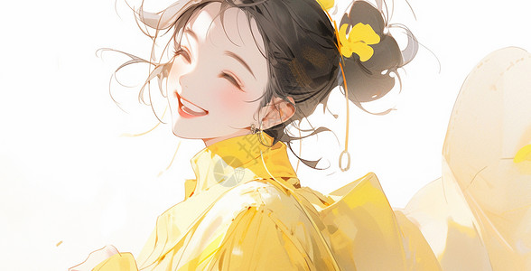 成成戴着黄色花朵开心笑眼睛眯成一条缝的卡通女孩插画
