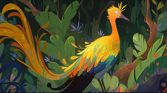 长尾巴漂亮的卡通凤凰鸟在满是绿植的森林中高清图片