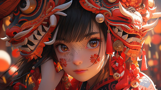 春节喜庆舞龙的卡通小女孩面部有红色涂鸦背景图片