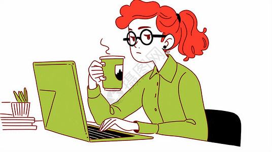 坐在工位上端着热茶看电脑的红发卡通女孩插画