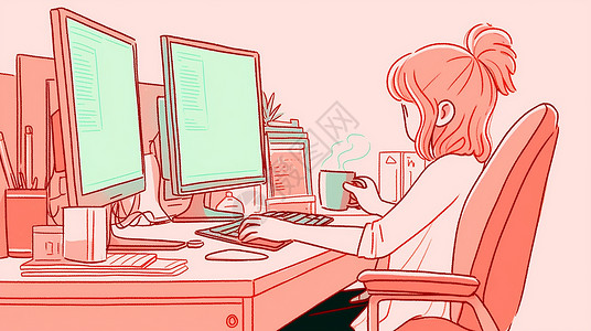 坐在工位上一边办公一边准备喝咖啡的卡通女孩背景图片