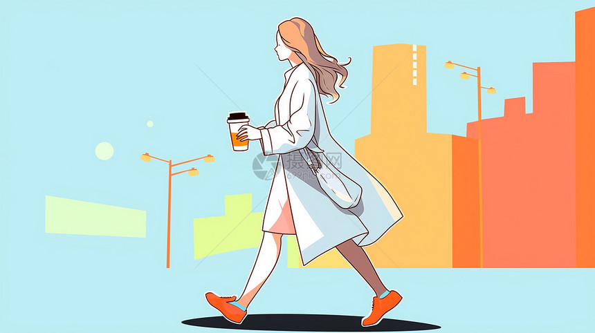 手端着咖啡大步走路在城市中的卡通长发女人图片