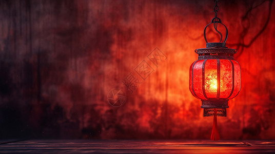 春节喜庆的夜晚一只亮着的红色喜庆卡通灯笼背景图片