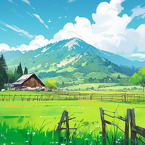 牧场卡通嫩绿色的草地与远处美丽的卡通小木屋唯美卡通风景画插画