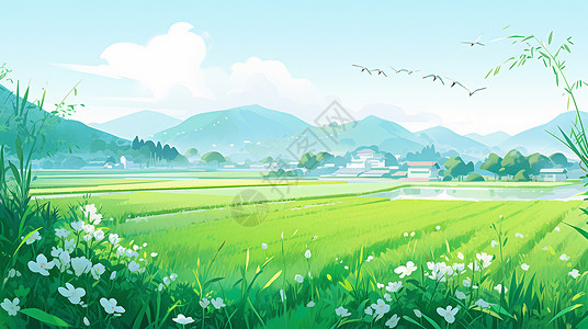 春天嫩绿的田野与远处若隐若现的村庄卡通风景画高清图片