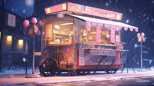 河畔夜市商店夜大雪中温馨的卡通小商店插画