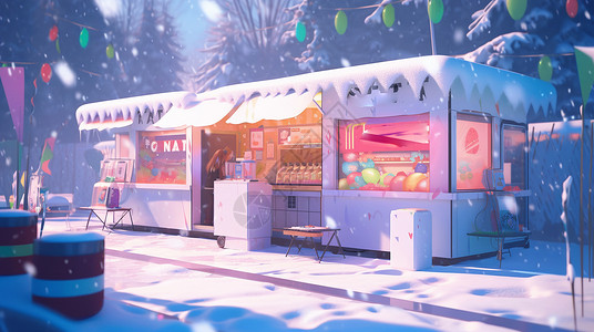 大雪中路边一座可爱的卡通小商店背景图片
