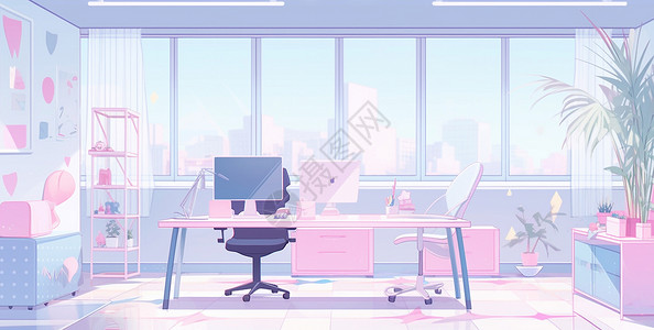 休闲办公区浅色系漂亮的卡通办公室插画