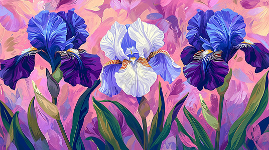 三株盛开的紫色花朵油画风卡通插画背景图片