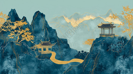 古风漂亮的卡通山顶上两座古风卡通建筑物唯美中国风山水画插画
