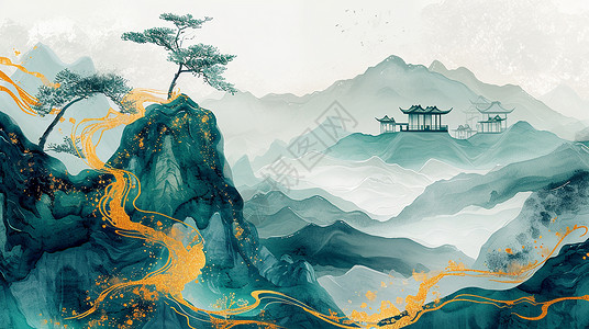 中国画熊猫山顶上几棵漂亮的卡通古风与远处小小古亭子卡通风景画插画