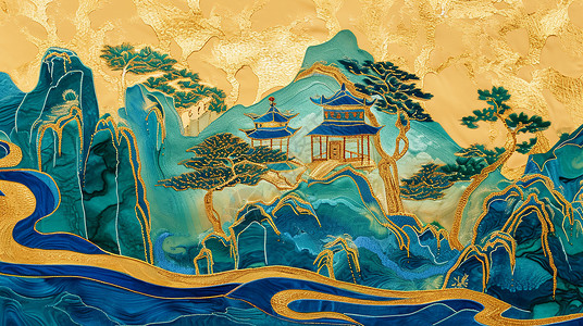 抽象的中国风古山水画唯美卡通风景背景图片