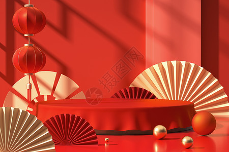 玫红色电商背景红色光影展台设计图片