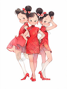 三个穿红色旗袍漂亮的卡通女孩背景图片