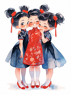 三个扎丸子头穿着漂亮的古风长裙的开心笑的卡通古风女孩背景图片