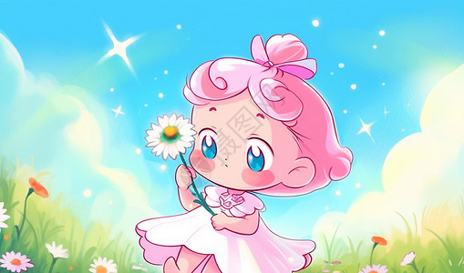 粉色头发拿着小花可爱可的卡通小女孩背景图片