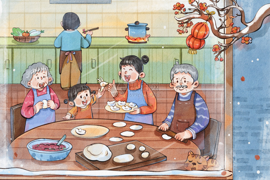 手绘除夕夜一家人包水饺温馨治愈系插画图片