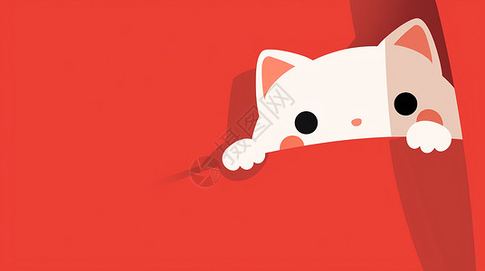 盖着红色被子简约可爱的卡通小白猫高清图片