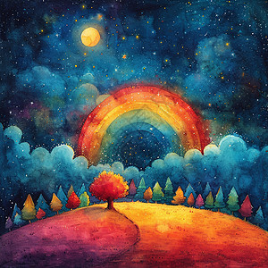 地球上的小树金黄色梦幻的山坡上一棵小树天空上有条漂亮的彩虹插画