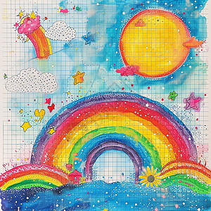 云朵与彩虹漂亮的彩虹与太阳唯美卡通儿童画插画