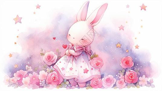 穿着公主裙站在粉色花丛中的可爱卡通小白兔高清图片