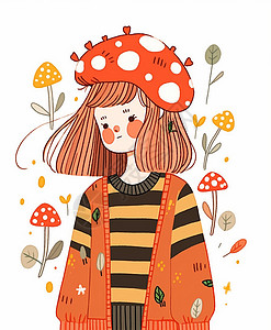 戴着红色蘑菇帽子穿着毛衣开衫的可爱卡通小女孩高清图片
