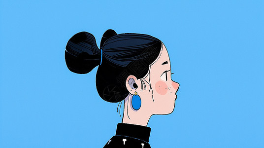 戴着圆圆的蓝色耳坠扎丸子头可爱的卡通女孩背景图片