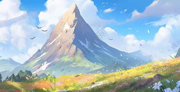 卡通雪山春天蓝蓝的天空下高大的雪山与近山坡上美丽的草地插画