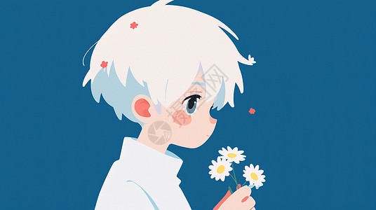 扁平风小雏菊白色短发卡通小男孩手拿着小花在蓝色背景上插画