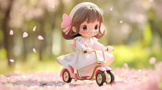 粉色花瓣落满地一个卡通小女孩骑着儿童车在玩耍背景图片