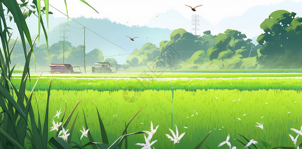 一片嫩绿色的草地远处有两个小小的房子卡通风景背景图片