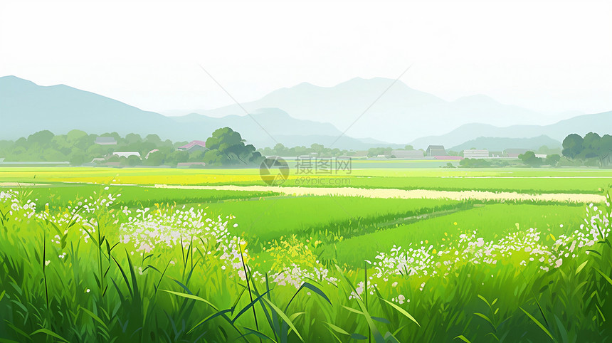 春天一大片嫩绿色田野与远处的卡通小村庄图片
