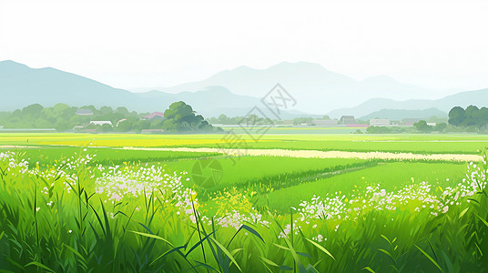 春天一大片嫩绿色田野与远处的卡通小村庄背景图片