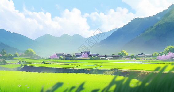 蓝天白云下绿色的田野中一座小小的村庄背景图片