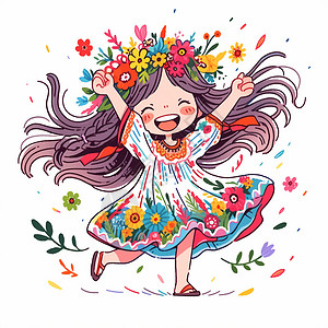穿裙子小女孩穿着花裙子展开双手开心跳舞的卡通小女孩插画