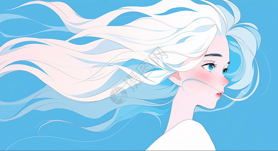 蓝色背景长发被风吹起的小清新漂亮卡通女孩背景图片