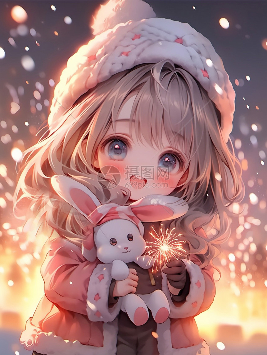 喜庆的冬天夜晚怀抱着抱着玩具放烟花的卡通小女孩图片