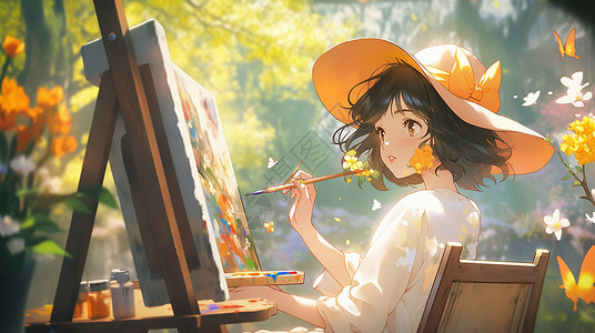 两个女孩在画画春天戴着黄色遮阳帽的在户外画画写生的卡通女孩插画
