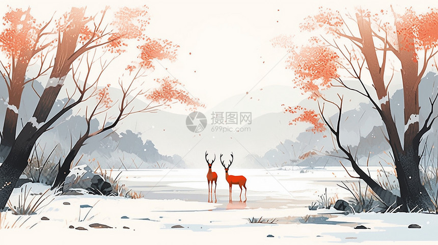冬天雪后在湖边的两只小小的卡通驯鹿图片
