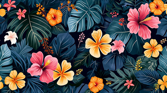 植物叶子装饰画五颜六色美丽蝶卡通小花与大大的绿植叶子卡通背景插画