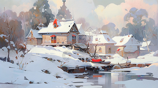 唯美雪景风景画冬天小河旁两座卡通小木屋唯美风景画插画